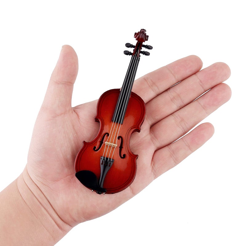 Dselvgvu Wooden Miniature Violin with Stand, Bow and Case Mini Musical Instrument Violin Replica Collectible Figurines Dollhouse Accessories Model Home Decoration Display Ornament (5.63"x2.05"x0.75") - Image 2